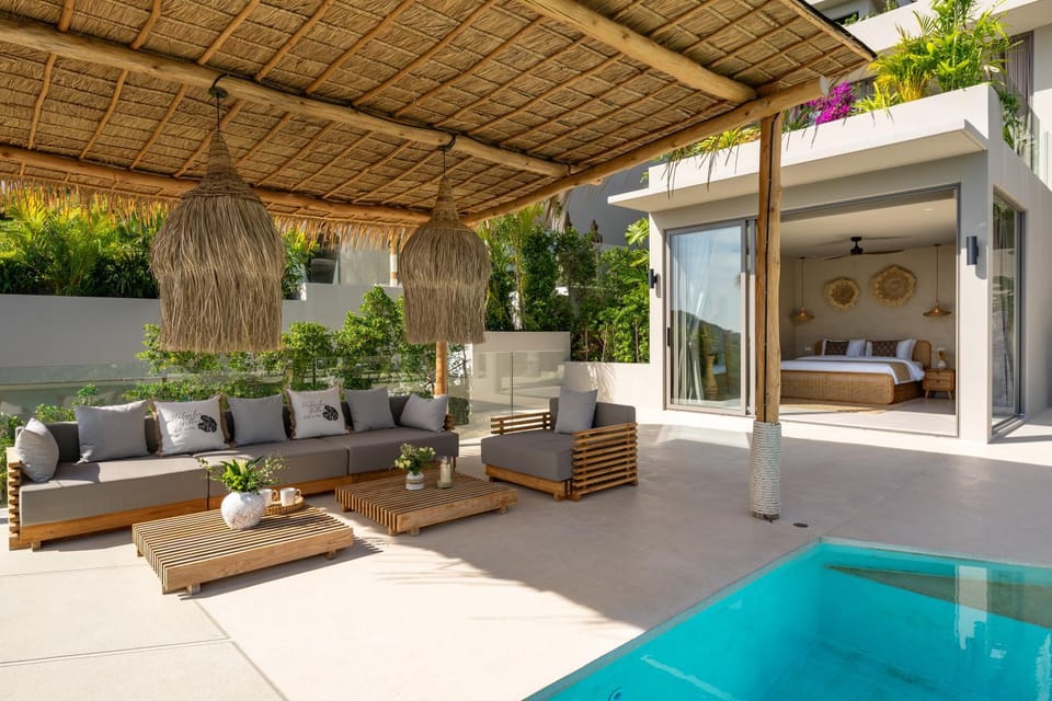 Property building, Patio, Day, Natural landscape, Garden, View (from property/room), View (from property/room), Balcony/Terrace, Living room, Seating area, Garden view, Pool view, Pool view, Sea view, Sea view, Swimming pool, children, children, young children, dishwasher, sunbed, washing machine, washing machine
