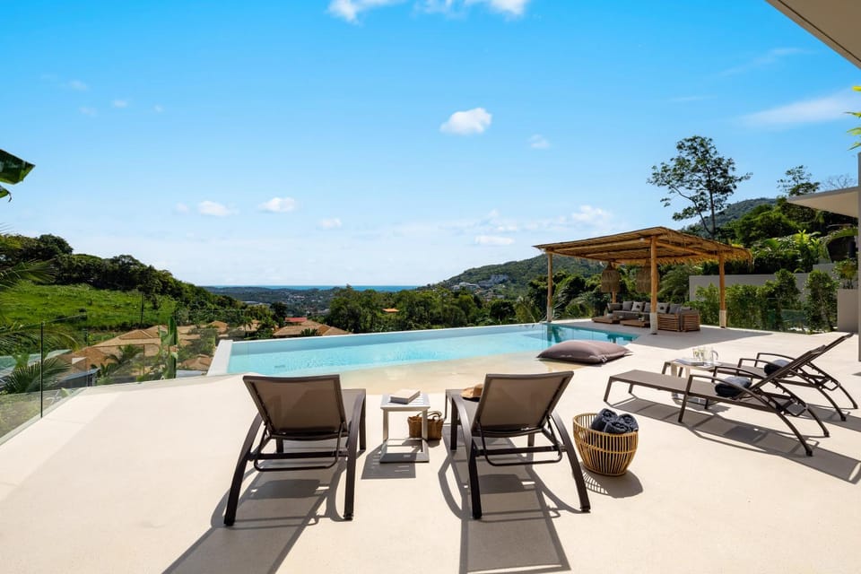 Property building, Patio, Day, Natural landscape, View (from property/room), View (from property/room), Balcony/Terrace, Mountain view, Pool view, Pool view, Sea view, Sea view, Swimming pool, children, children, young children, young children, dishwasher, safe, sunbed, washing machine, washing machine