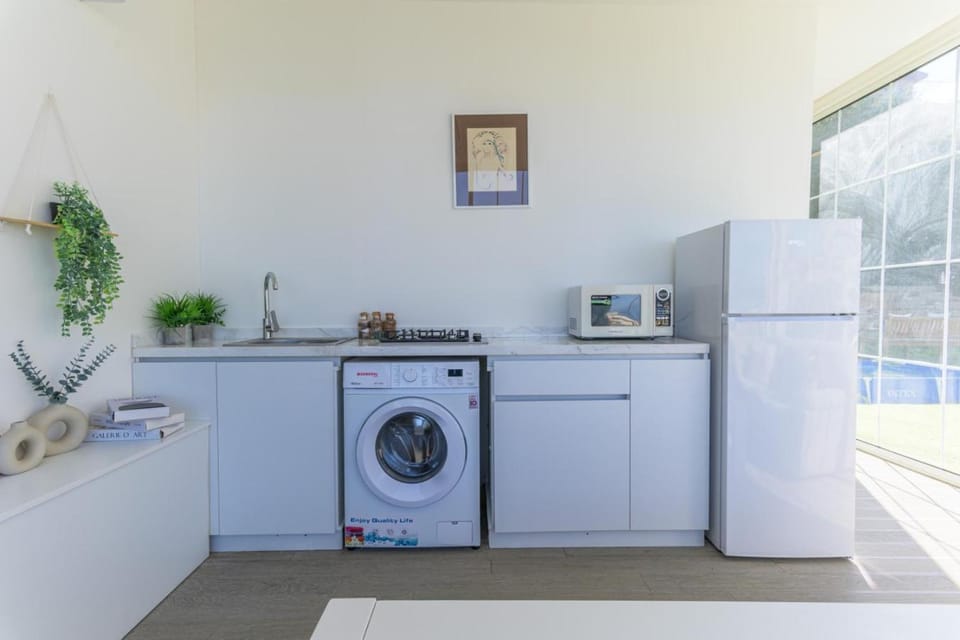 Kitchen or kitchenette, microwave, storage, washing machine