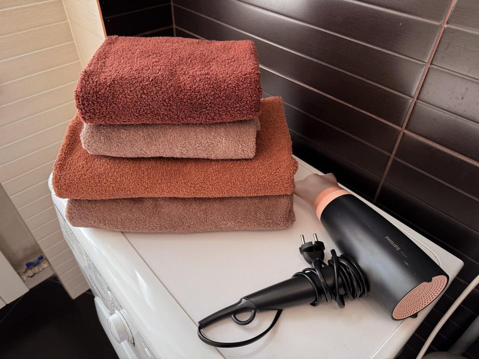 Bathroom, Bath, flat iron, hair dryier, towels, laundry, washing machine