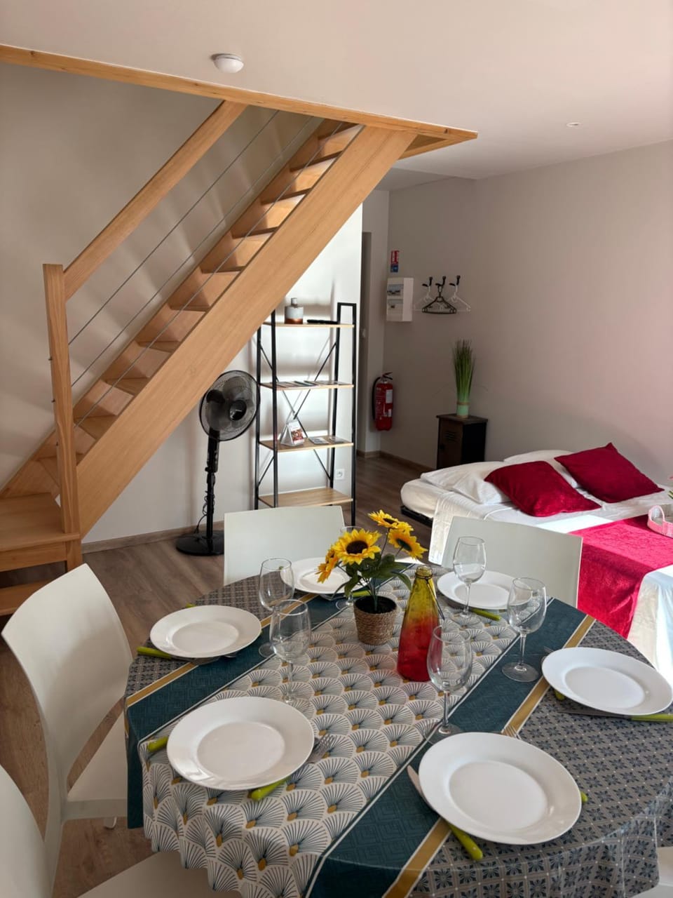 Bed, Living room, Dining area