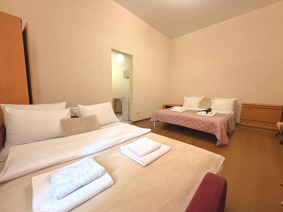 Bed, Photo of the whole room, Bedroom, hair dryier, towels, wardrobe
