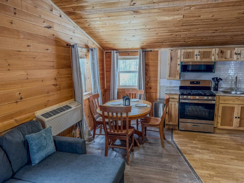 Kitchen or kitchenette, Living room, Dining area, microwave, stove, air conditioner
