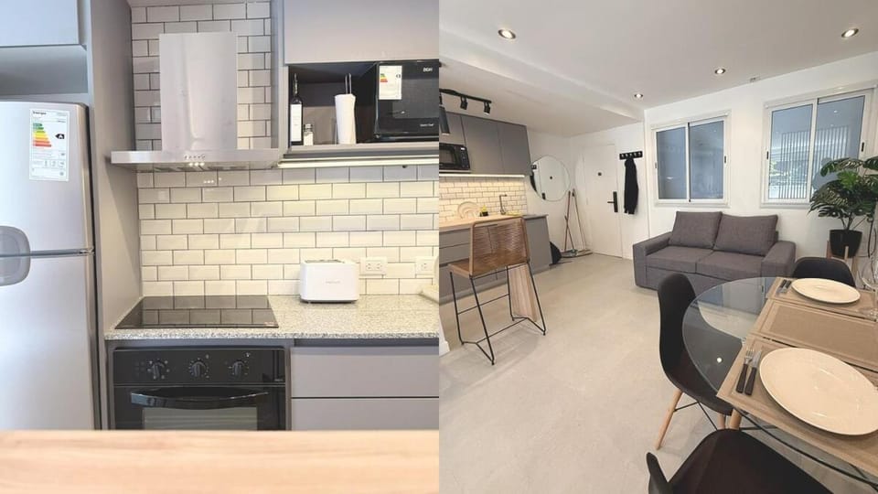 Living room, Dining area, oven, stove, toaster