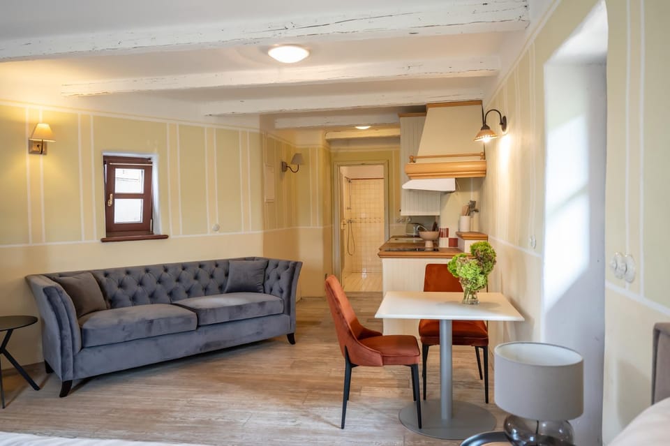 Kitchen or kitchenette, Living room, Seating area, Dining area
