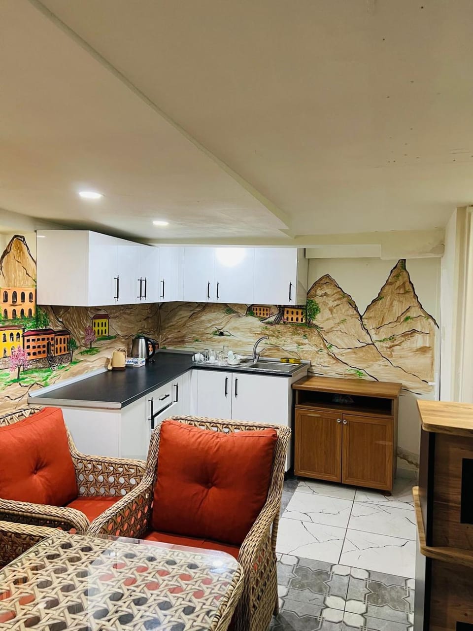 Kitchen or kitchenette, Living room, Seating area
