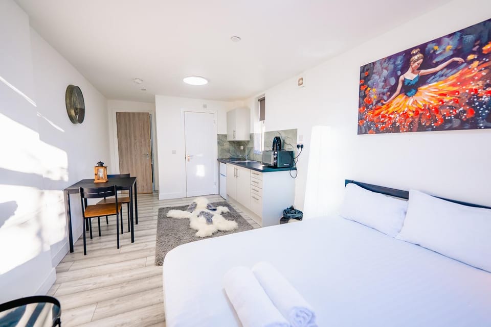 Bed, TV and multimedia, Kitchen or kitchenette, Photo of the whole room, Seating area, Dining area, Bedroom, wardrobe