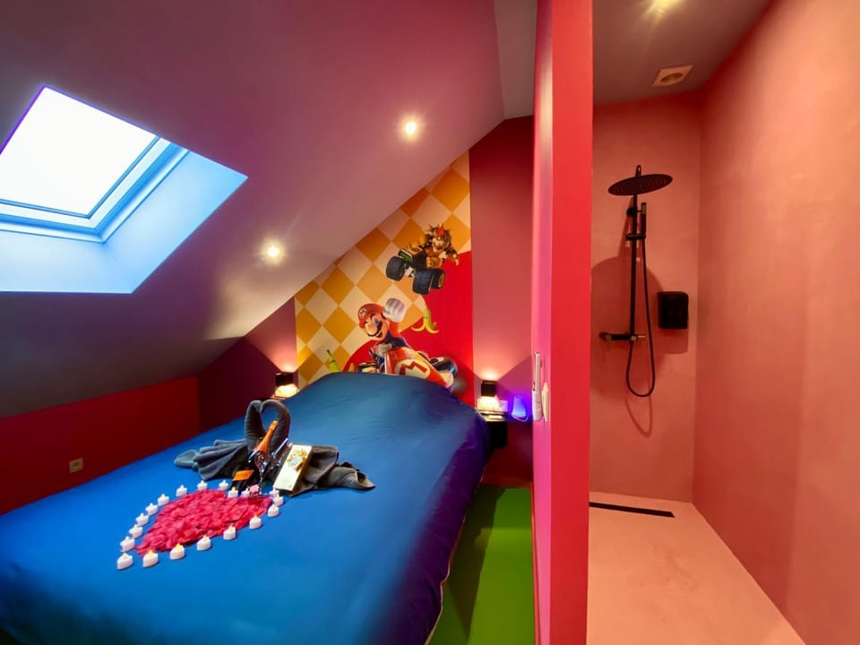 Shower, Bed, Bathroom, Bedroom