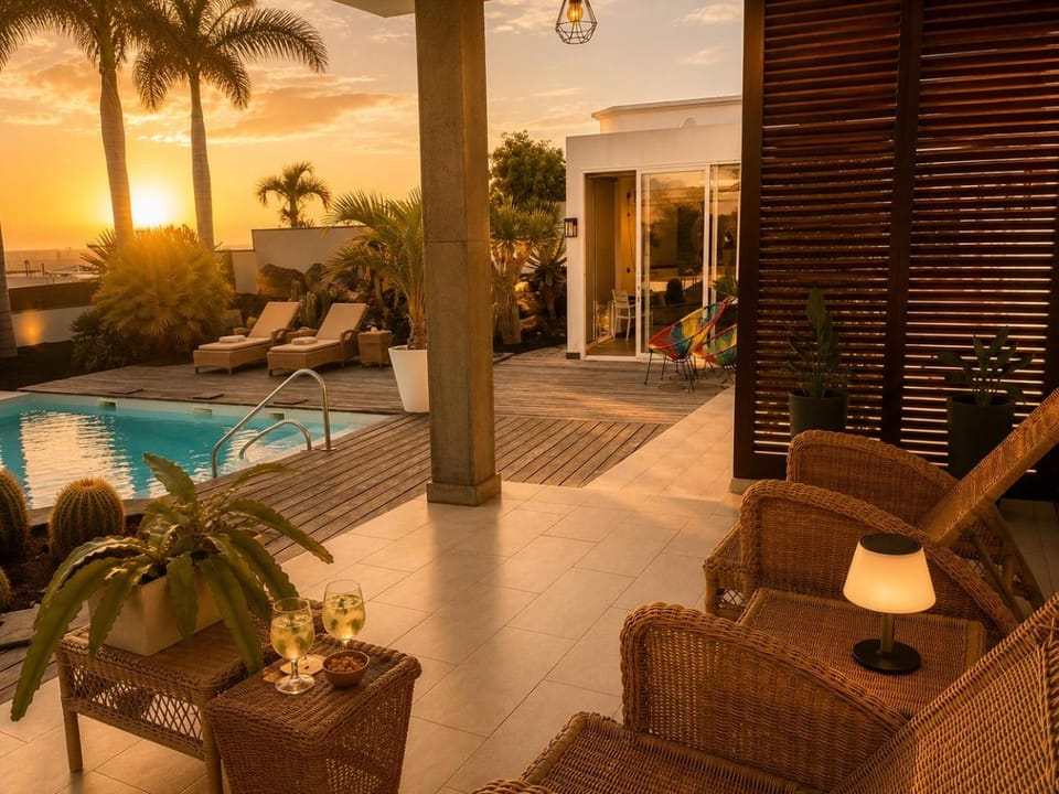 Balcony/Terrace, Seating area, Swimming pool, Sunset