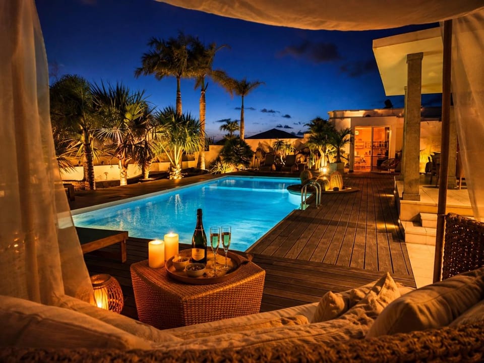 Night, Garden, Swimming pool, sunbed