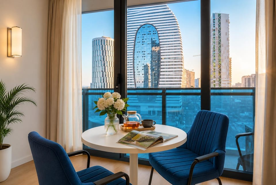 Living room, Food and drinks, Seating area, Dining area, Food, City view