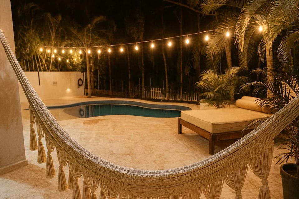 Patio, Night, Natural landscape, Pool view, Swimming pool, sunbed