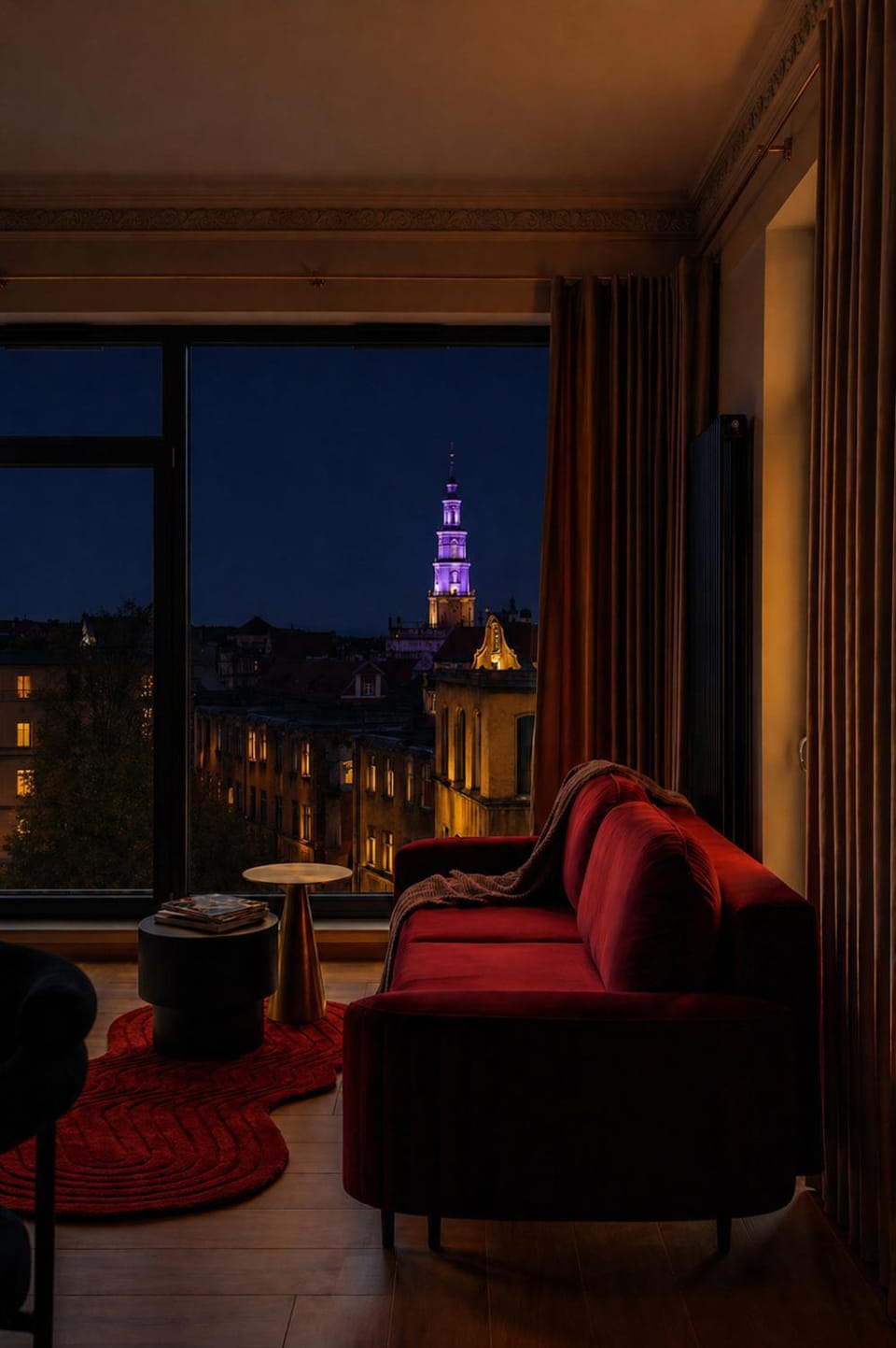 Night, Living room, Seating area, City view, Landmark view