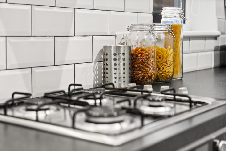 Kitchen or kitchenette, stove