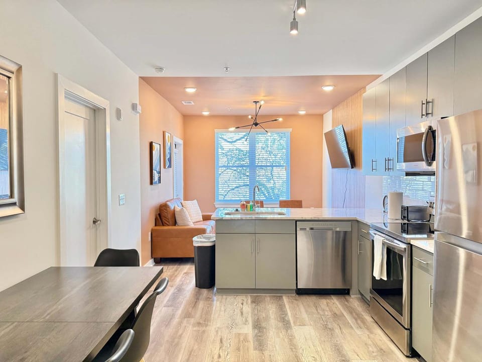 Kitchen or kitchenette, Living room, Dining area, dishwasher, oven, stove