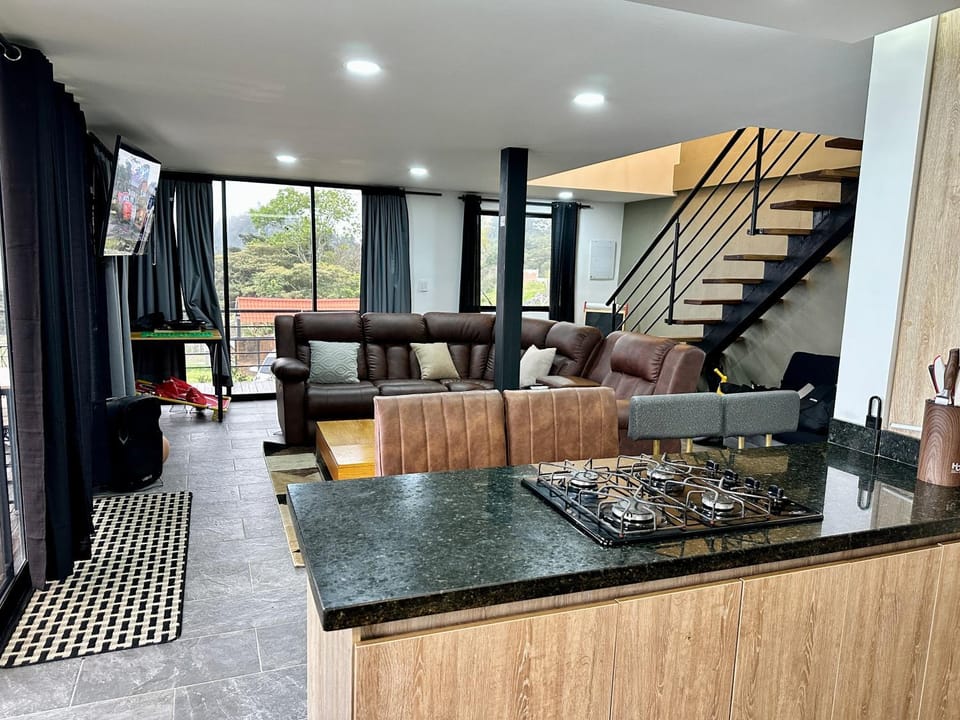Kitchen or kitchenette, Living room, Seating area, Dining area