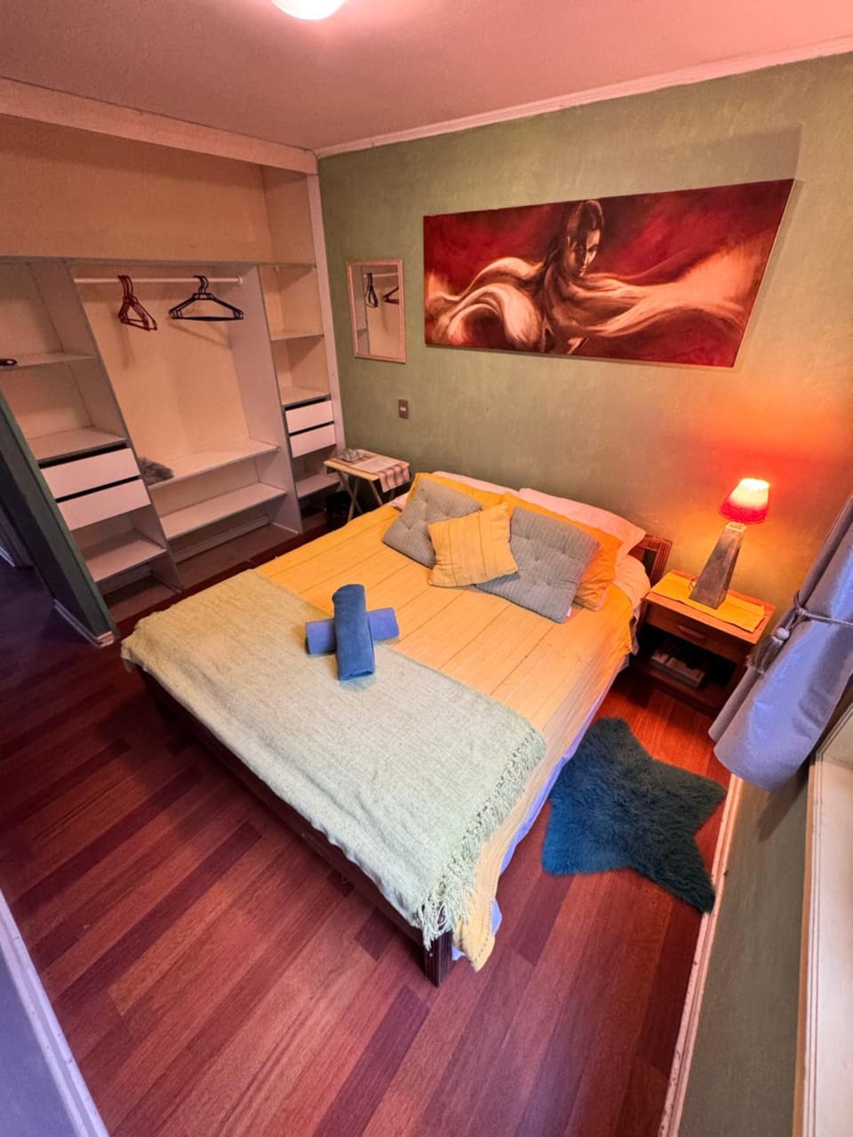 Bed, wardrobe