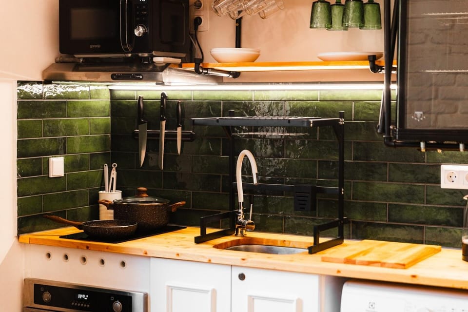 Kitchen or kitchenette, stove
