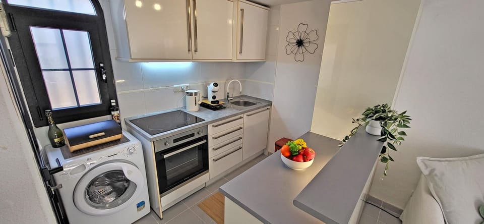 Kitchen or kitchenette, oven, stove, toaster, washing machine