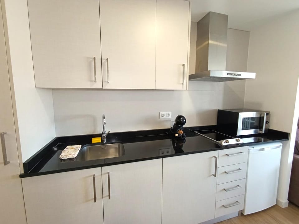 Kitchen or kitchenette, microwave, stove
