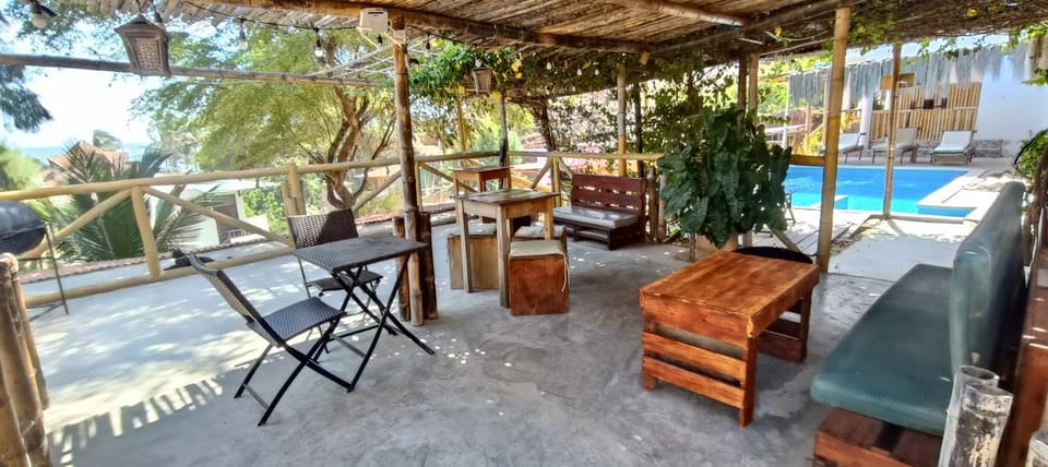 Patio, Dining area, Pool view