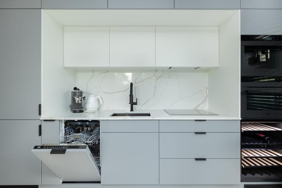 Kitchen or kitchenette, dishwasher, stove