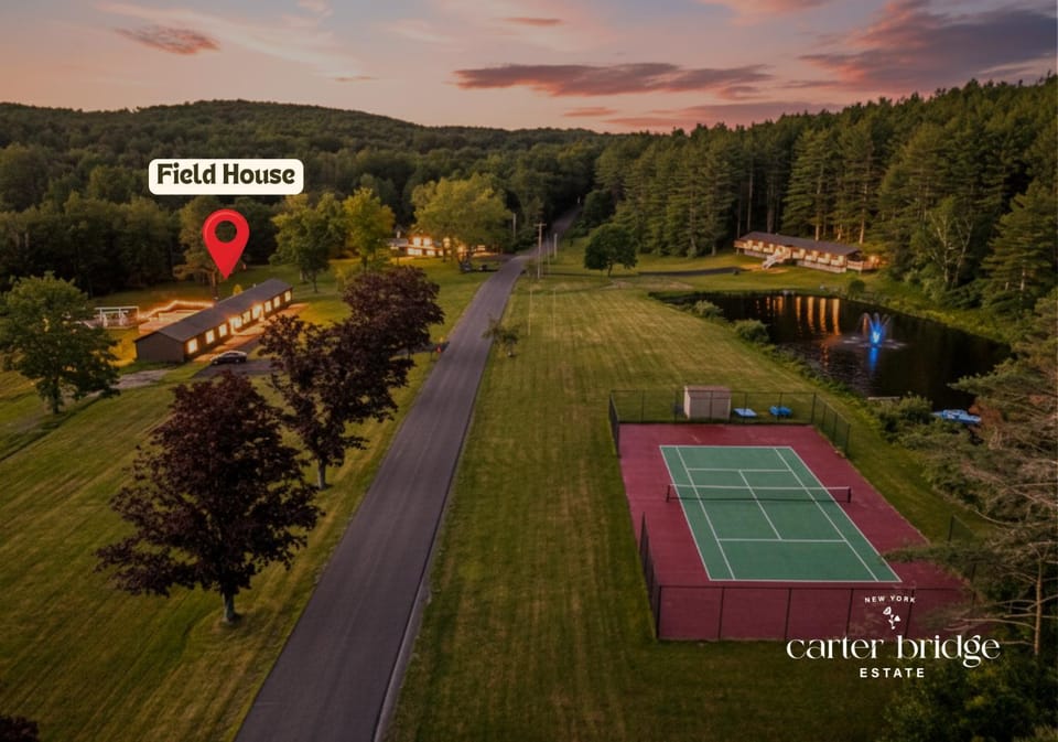 Natural landscape, Bird's eye view, Garden, Tennis court, Lake view