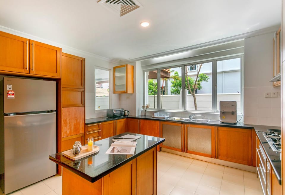Kitchen or kitchenette, stove