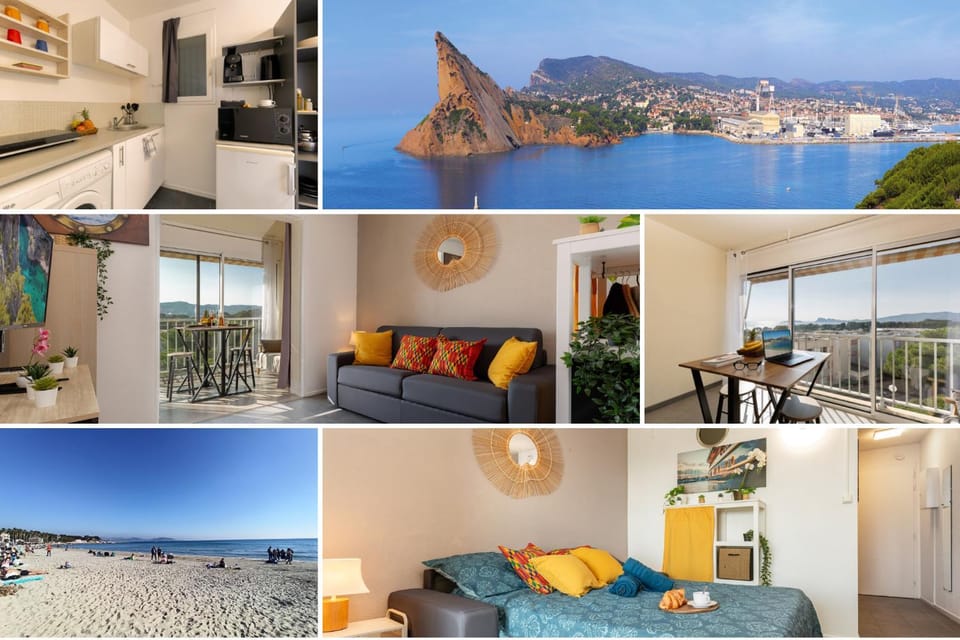 Natural landscape, Kitchen or kitchenette, Living room, Seating area, Dining area, Beach, Mountain view, Sea view
