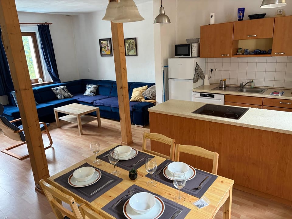 Kitchen or kitchenette, Living room, Seating area, Dining area, pet friendly, stove