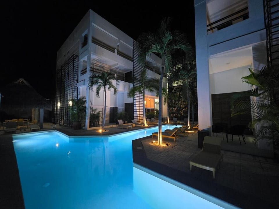 Property building, Night, Swimming pool, Swimming pool