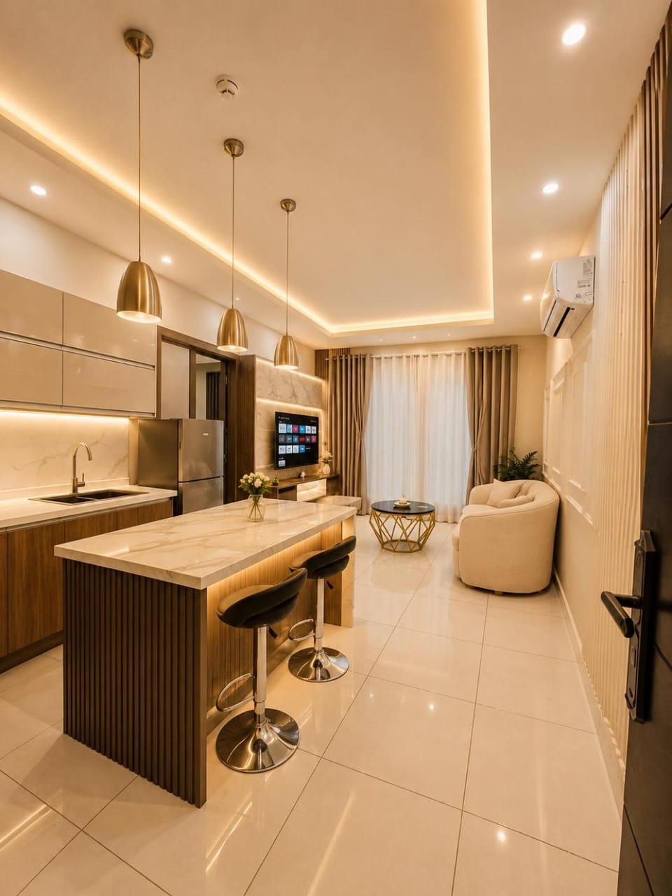 Bed, TV and multimedia, Kitchen or kitchenette, Living room, Photo of the whole room, Seating area, Bedroom
