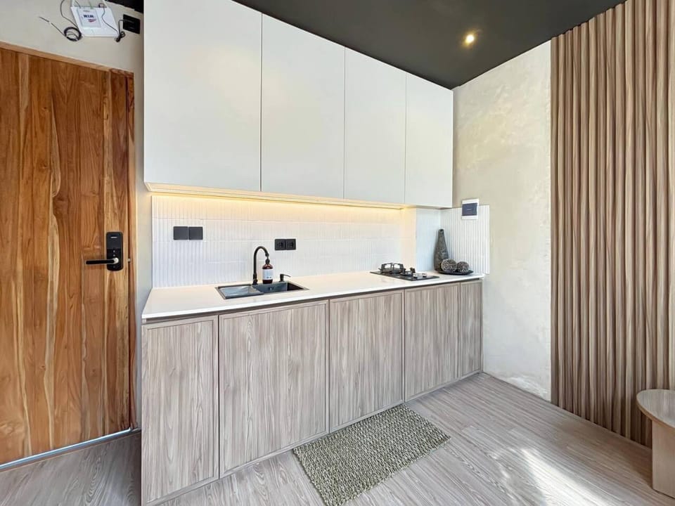 Kitchen or kitchenette, stove