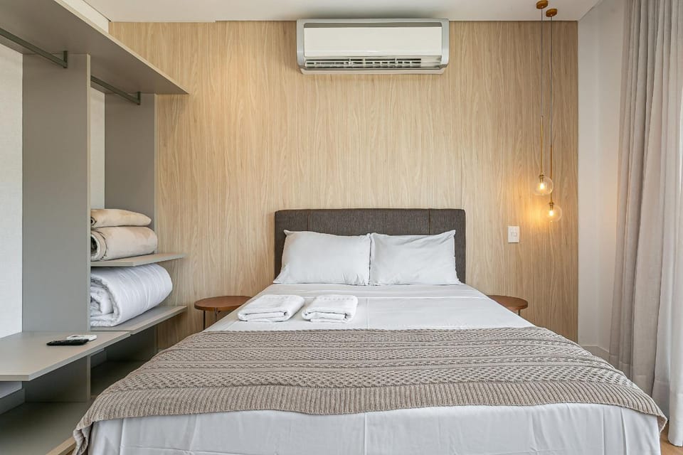 Bed, Photo of the whole room, Bedroom, towels, air conditioner