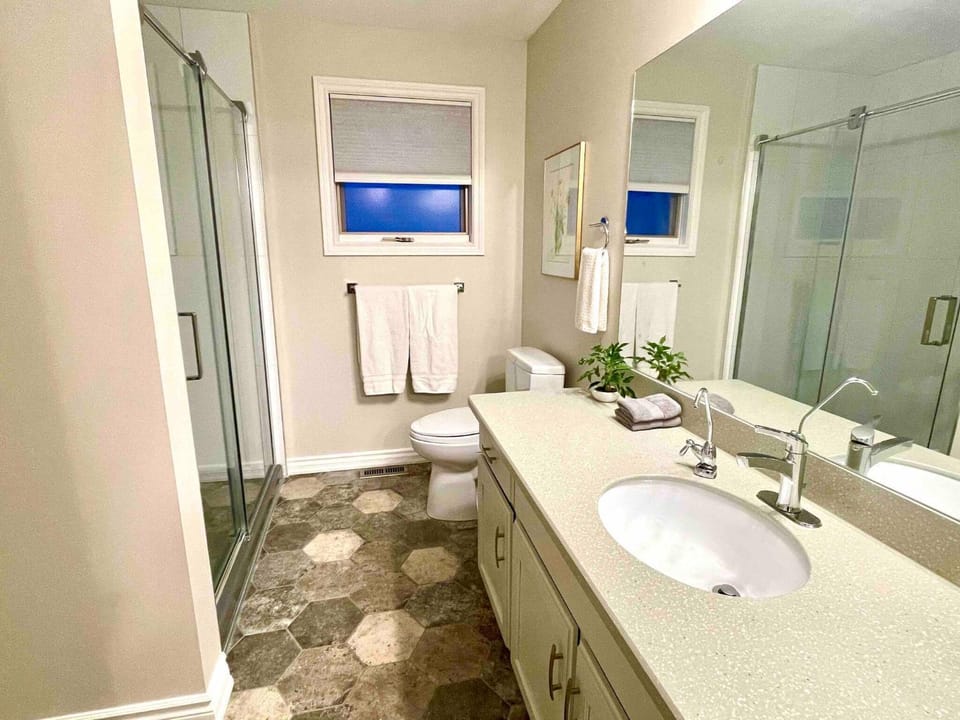 Shower, Toilet, Bathroom, hair dryier, towels
