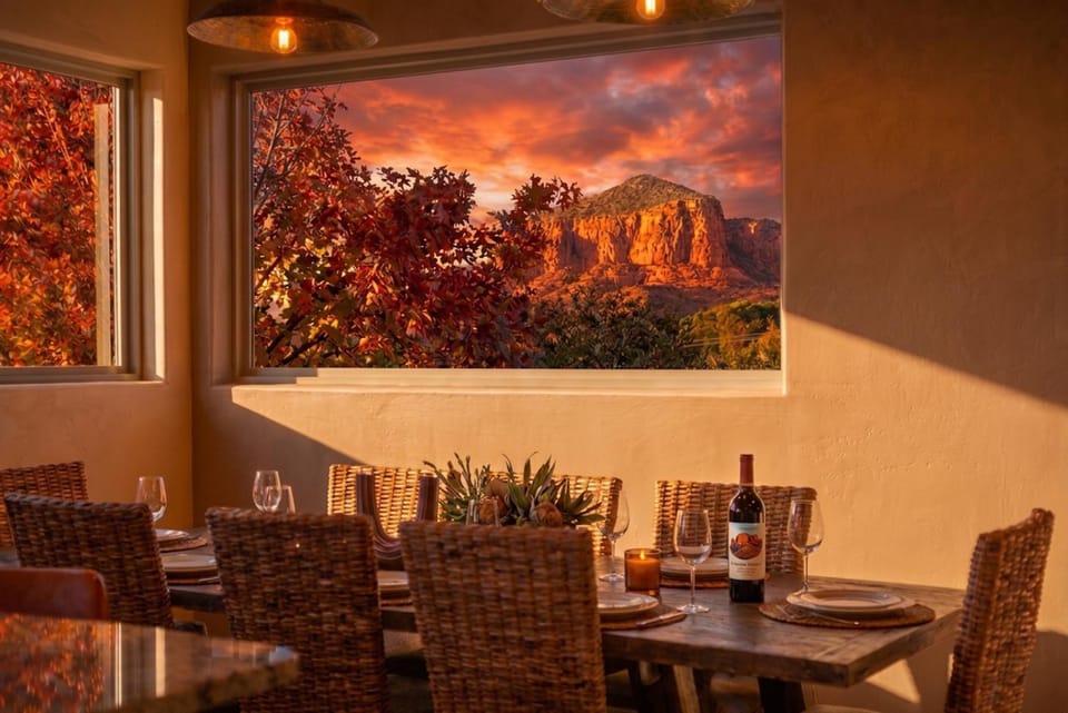 Natural landscape, View (from property/room), Dining area, Sunset