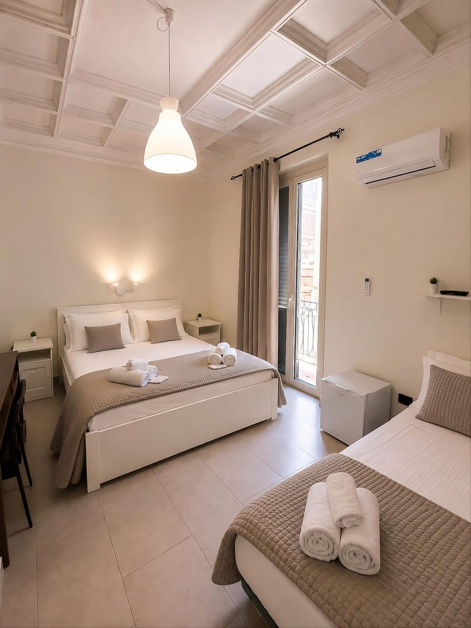 Bed, Photo of the whole room, Bedroom, towels, air conditioner
