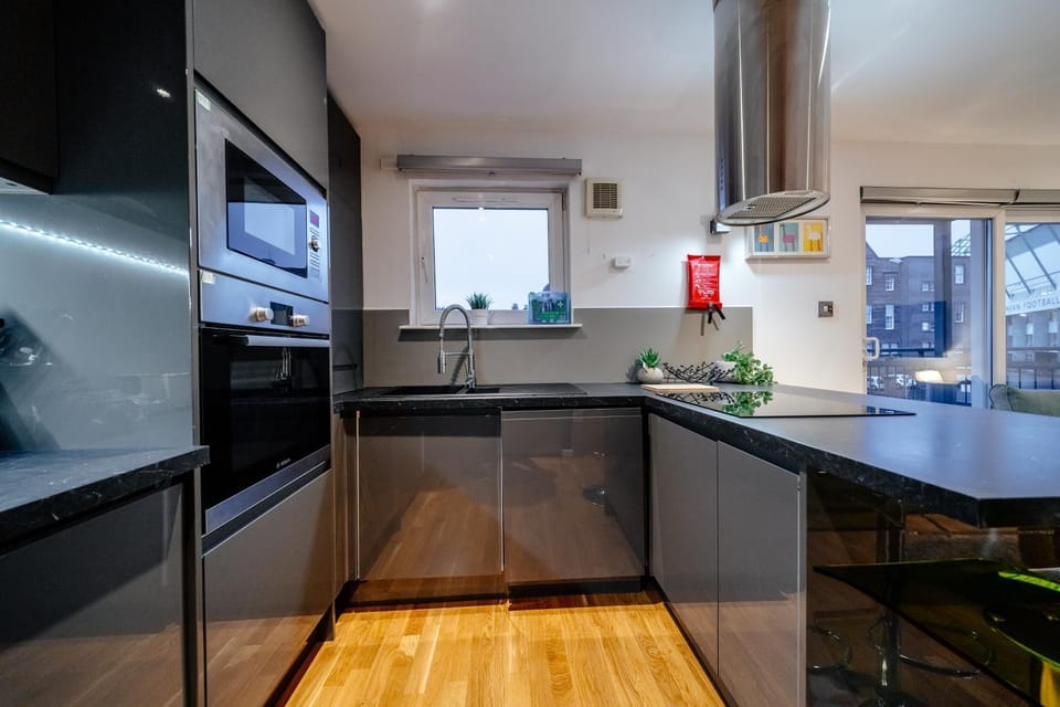 Kitchen or kitchenette, dishwasher, oven, stove