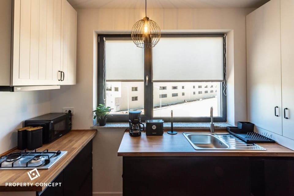 Kitchen or kitchenette, stove