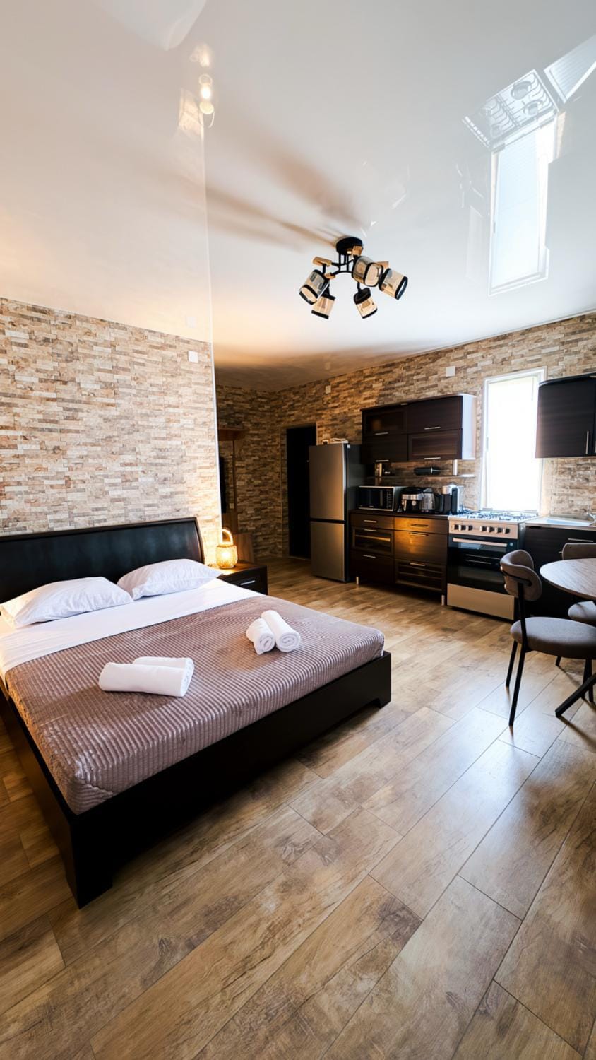 Bed, TV and multimedia, Kitchen or kitchenette, Living room, Photo of the whole room, Seating area, Dining area, Bedroom