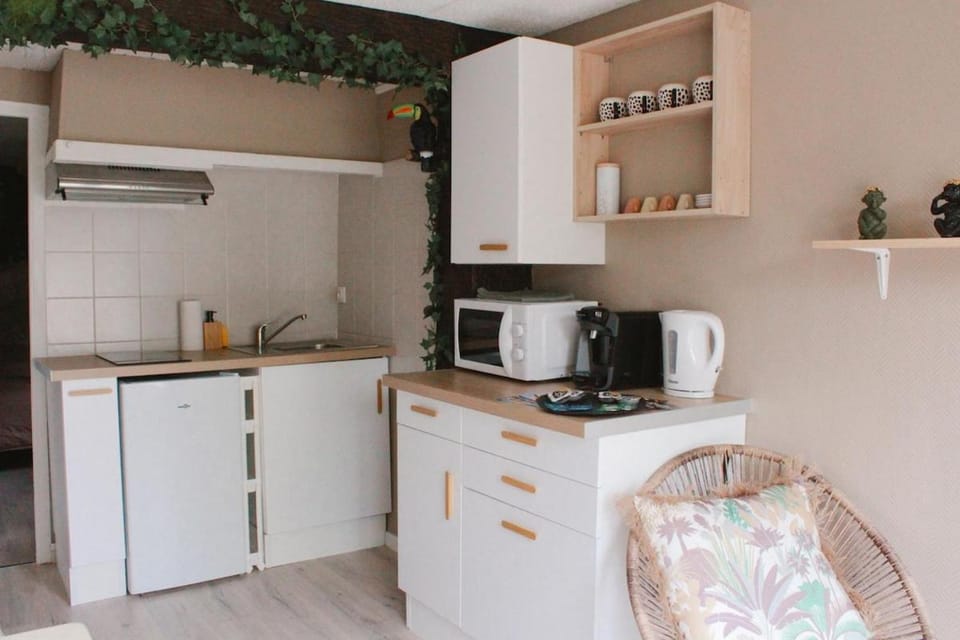 Coffee/tea facilities, Kitchen or kitchenette, microwave, storage, stove