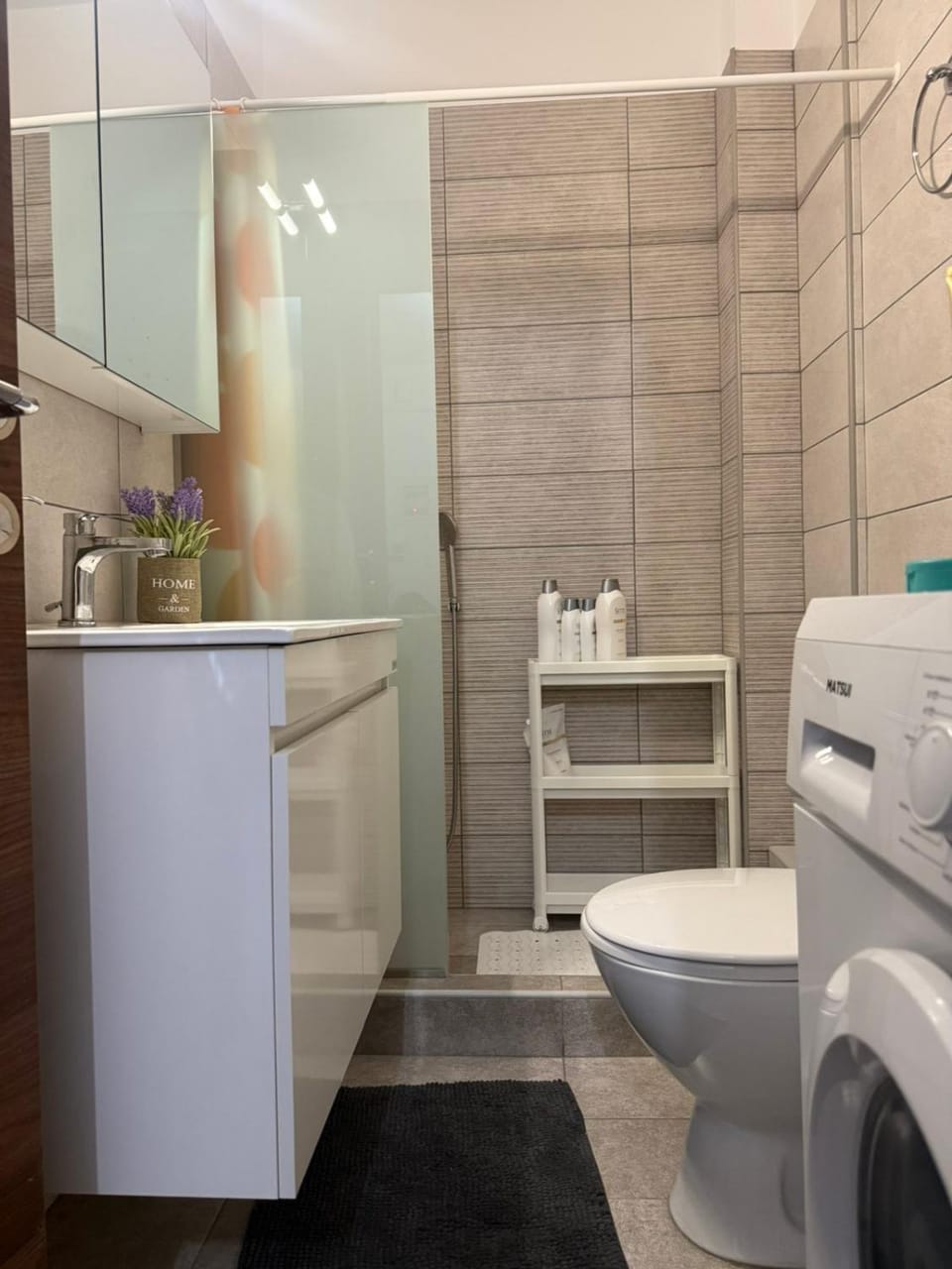 Shower, Toilet, towels, washing machine