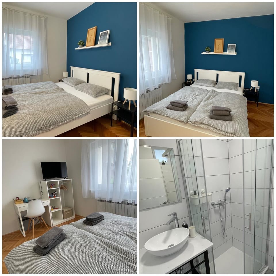 Shower, Bed, Bathroom, Photo of the whole room, Bedroom, towels