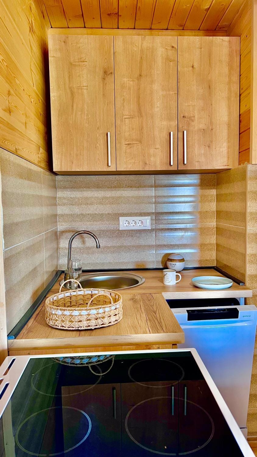 Kitchen or kitchenette, stove