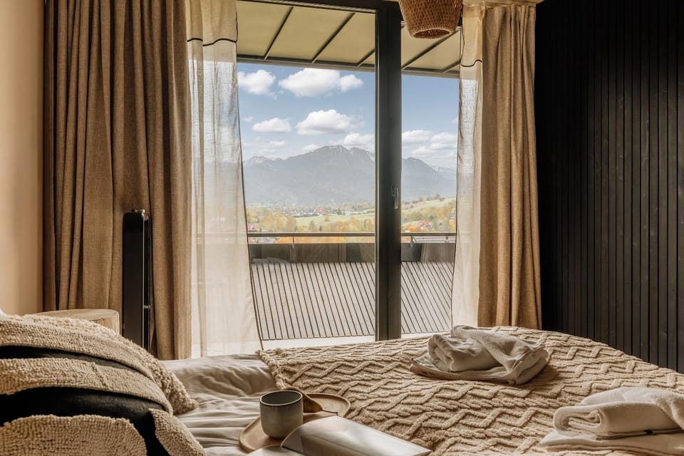 Bed, Natural landscape, Bedroom, Mountain view
