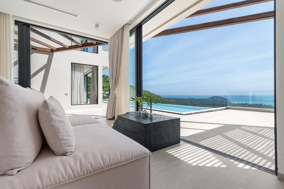 Patio, Day, Natural landscape, View (from property/room), Balcony/Terrace, Living room, Seating area, Pool view, Sea view, Swimming pool