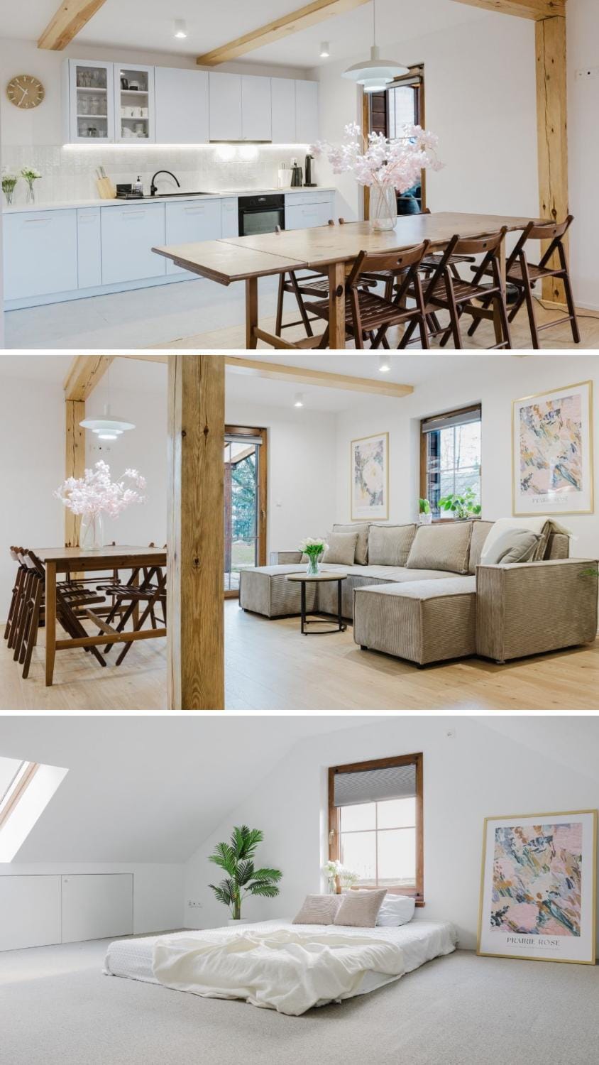 Kitchen or kitchenette, Living room, Seating area, Dining area
