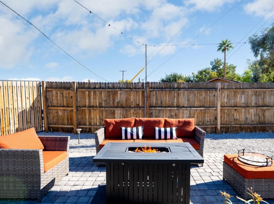 Patio, Seating area, fireplace