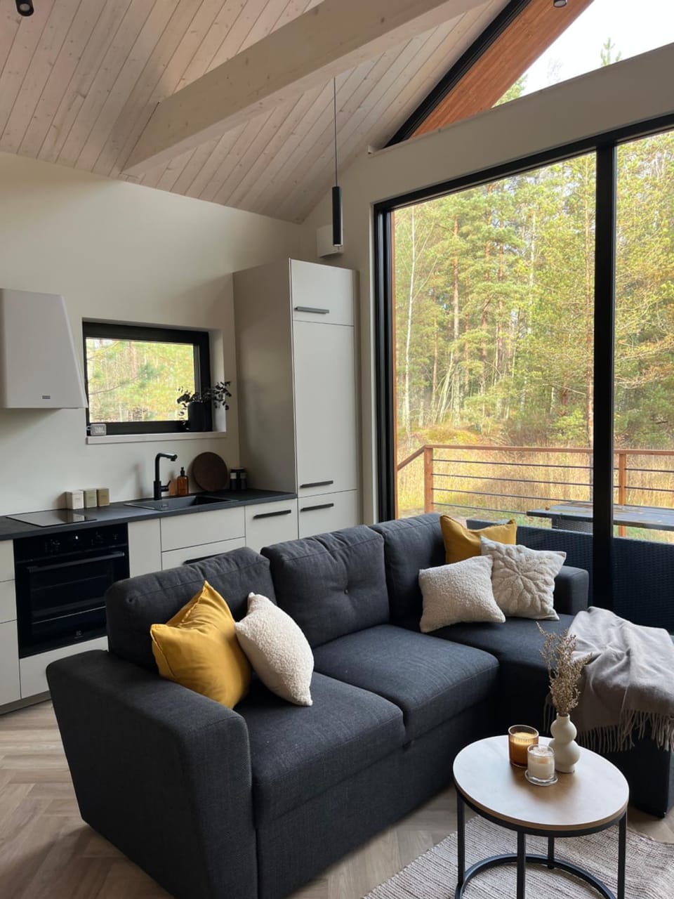 Kitchen or kitchenette, Living room, Seating area, Dining area