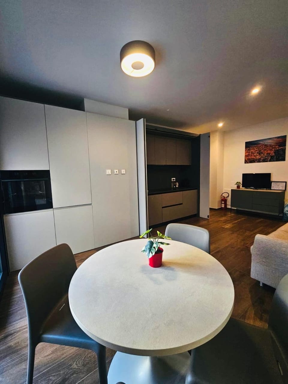 Kitchen or kitchenette, Living room, Seating area, Dining area, oven